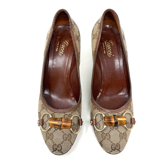 Gucci Monogram Brown Canvas Pumps Bamboo‎ Bit Heels Size 8 Classic Designer - Picture 2 of 10